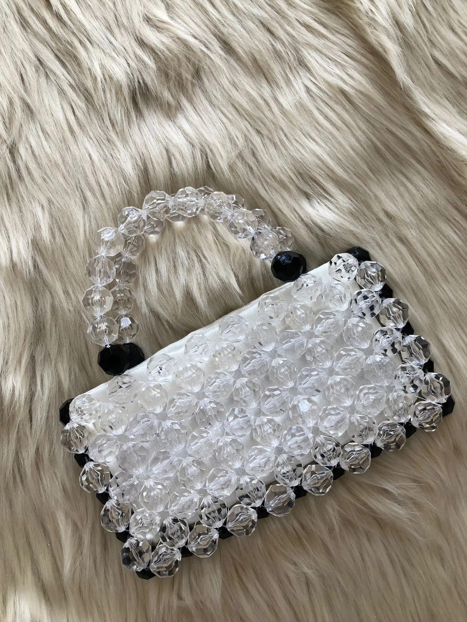 Transparent Color Crystal Beads White Black Women's Hand Bag Evening Dress Handbag Special Design Handmade Lined Luxury Gift