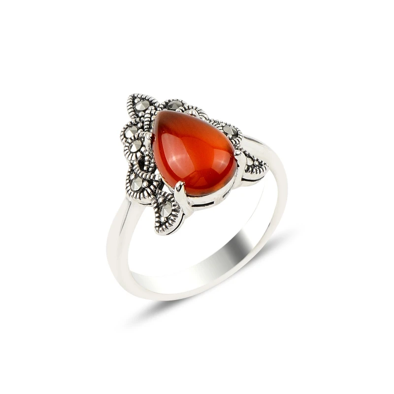 

Silver 925 Sterling Red Agate & Marcasite Ring
