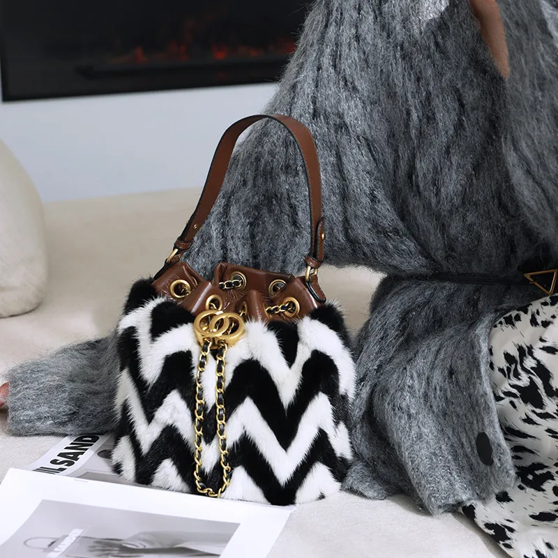 Mink Fur Fashion Handbags With Black And Gray Wave Pattern Bucket Bag Light Luxury Single Shoulder Messenger Bag