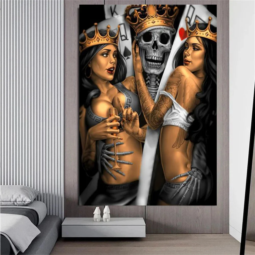 Страшная темная картина череп король и королева на холсте Благородная Девушка