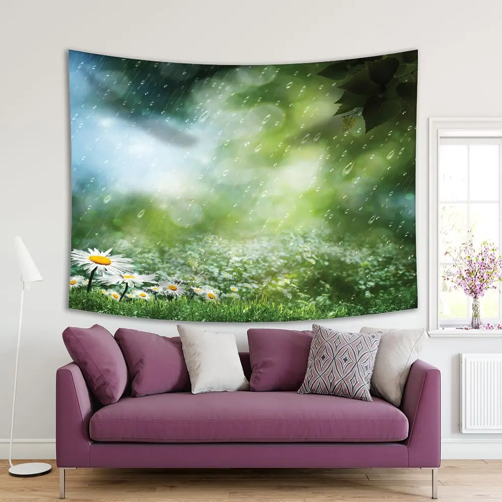 

Tapestry Daisy Flowers Spring Garden in the Rain Nature Romantic Rainy Day Scenery Green White