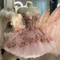 Spaghetti Strap Crystals Beaded Lush Fluffy Tulle Ball Gown Knee-Length Evening Dress Baby Pink Prom Dresses 3D Floral Pattern