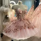 Пышное Бальное Платье из фатина на бретелях-спагетти с кристаллами и бусинами, вечернее платье до колен, детские розовые платья для выпускного вечера с 3D цветочным узором