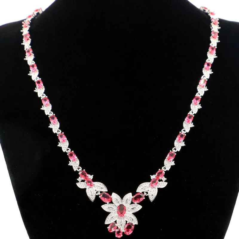 27x23mm Gorgeous 29G Pink Raspberry Rhodolite Garnet Rich Blue Aquamarine CZ Ladies Silver Necklace Length 18-19inch