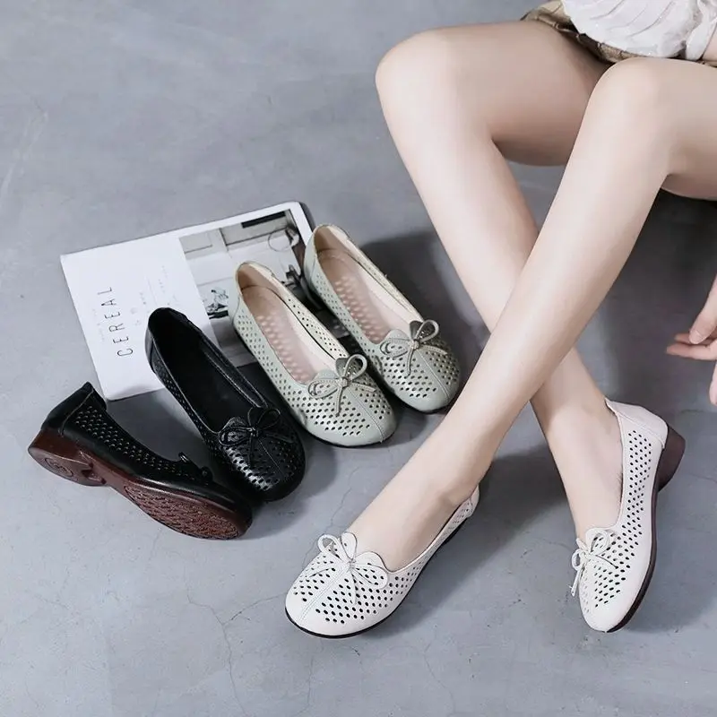 Green Womens Flats Bow Knot Women's Loafer Cut Out Summer Breathable Slip On Shoes Woman Flats Comfortable Shallow Mom Shoes