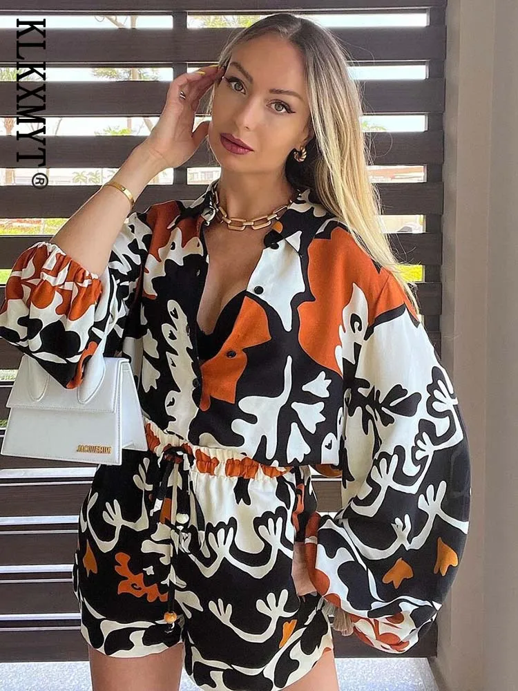 

KLKXMYT TRAF Women Shirt Top 2022 New Fashion Print Button-up Blouses Vintage Long Sleeve Lapel Female Shirts Chic Tops