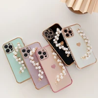 pearl chain wrist bracelet phone case for iphone 13 11 12 pro max soft cover for iphone x xs max xr 7 8 plus coque funda carcasa