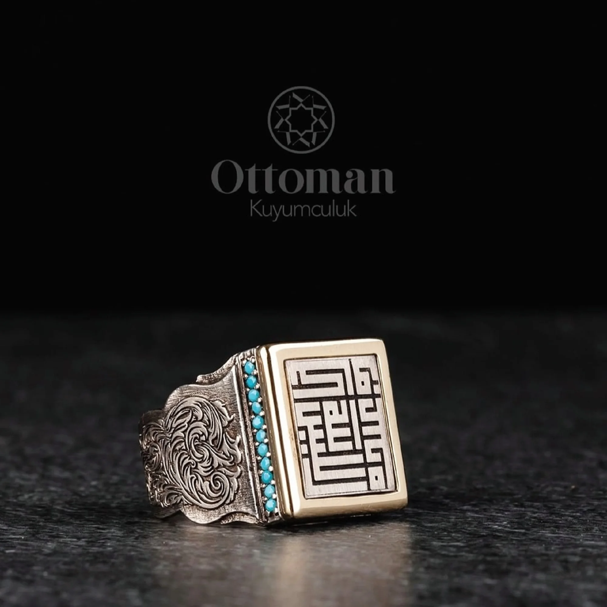 Delivery Square Kufi Calligraphy Silver Ring, Turquoise Micro Stones, Ottoman Jewelry and Rings, Turkish Handmade, Fraternity
