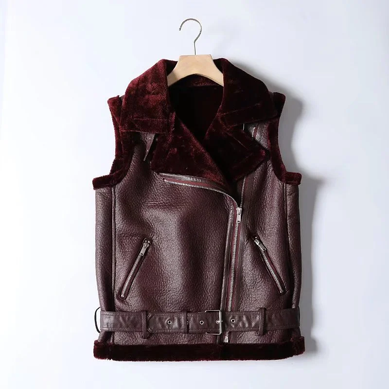 MOLAN Thick Woman Faux Fur Leather Vest Warm Vintage Fur Sheep Skin Jacket Za Chic Retro Female Thick Outwear Top