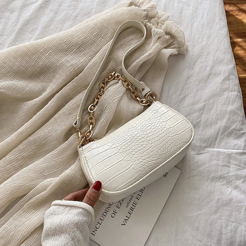 

Сумка-багет женская из экокожи, модный саквояж на плечо с крокодиловым узором, дизайнерская Роскошная сумочка-тоут на цепочке для путешеств...