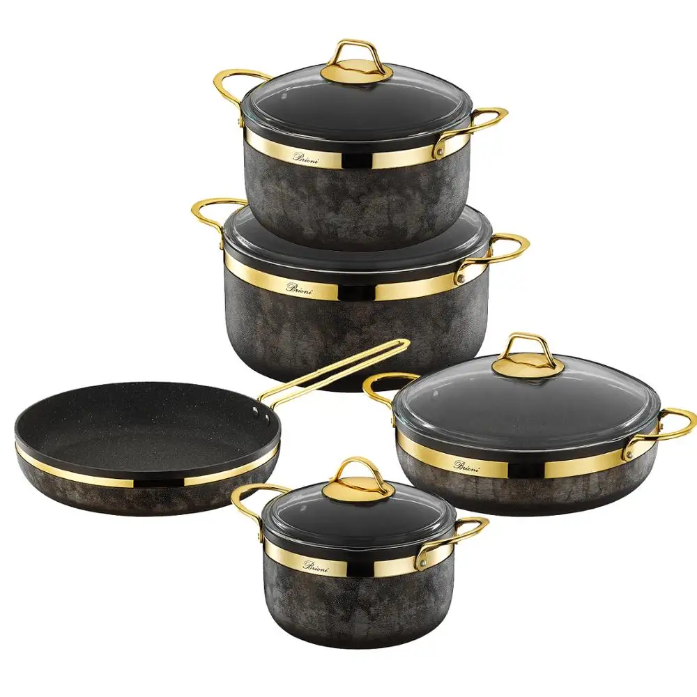 

Brioni Royal Stone 9 Pcs Sand Stone&Gold Stone Granite Cookware Set Cooking Pot Set