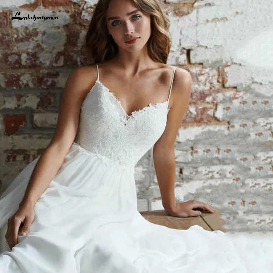 

Sukienka Boho Bridal Robe Wedding Summer Dress 2021 Sexy Boda Lace Bodice Chiffon Beach Wedding Dresses Spaghetti Straps