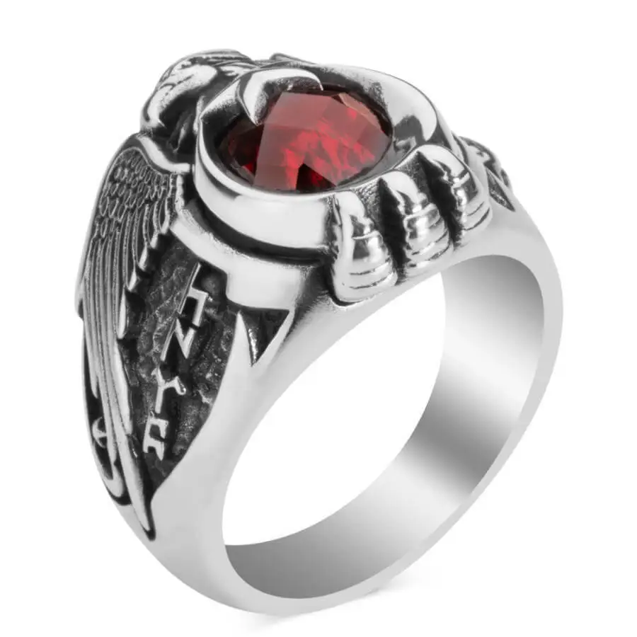 

Vintage Red Zircon Crescent Star Claw Motif Go Turkish Style Ring Hand Carved Men Jewelry 925 Sterling Silver Gift Good Quality