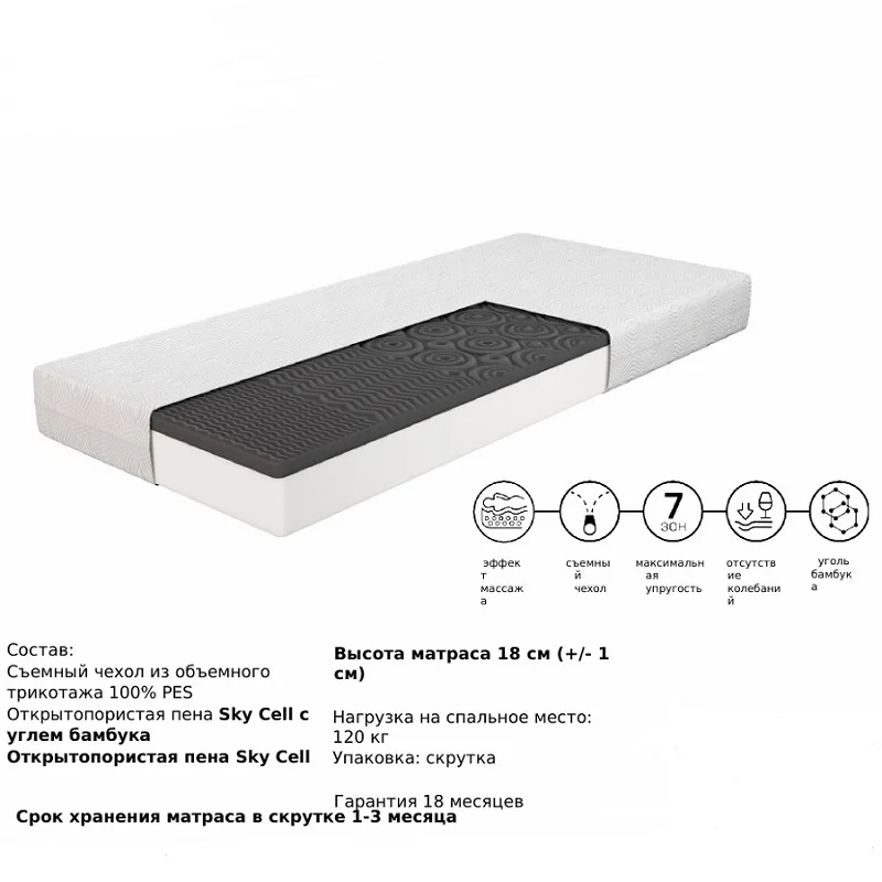 Матрас для кровати в скрутке SKY IQ Sleep высота 18 см. беспружинный матрас