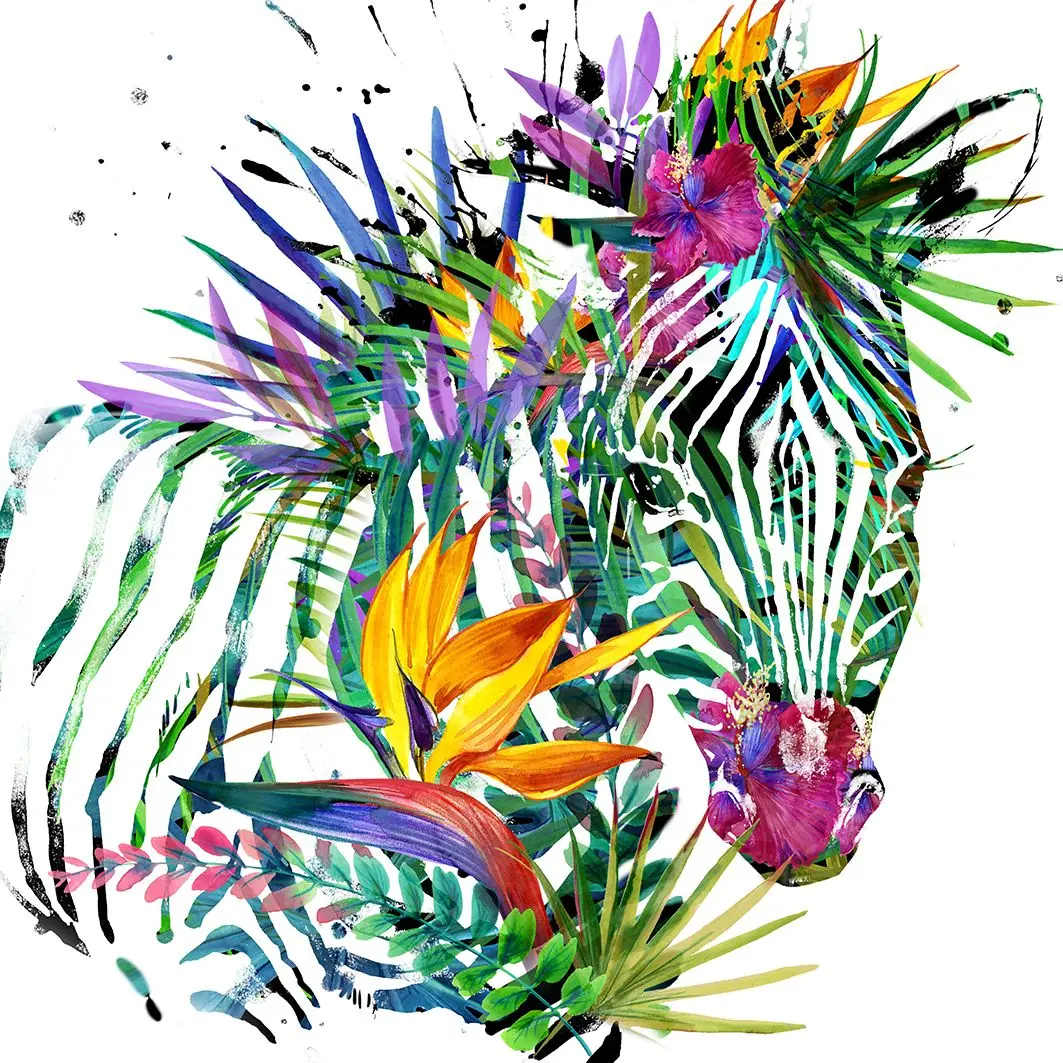 

Curtain Zebra Pattern Tropical Plants Flowers Exotic Nature Watercolor Illustration Green Yellow Pink