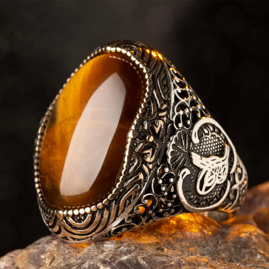 

Кольцо с овальным коричневым тигровым глазом из драгоценных камней, оттоманское кольцо Tughra Motif, кольцо в винтажном стиле, ручная работа, турецкие мужские украшения