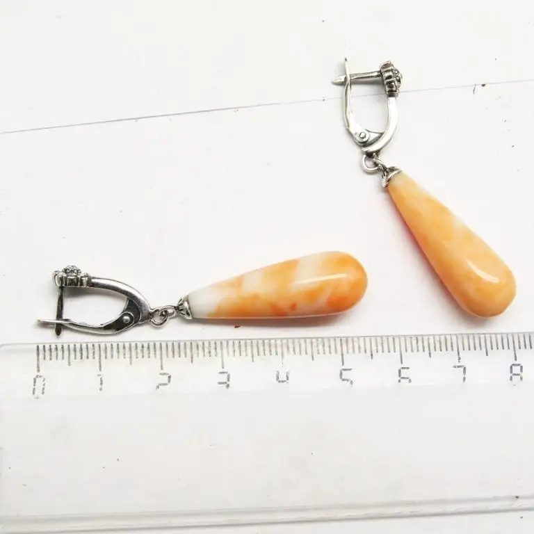 Серьги длинные 5.4 см коралл лососевый Посеребрение 12 мк серёжки Малинка красивые