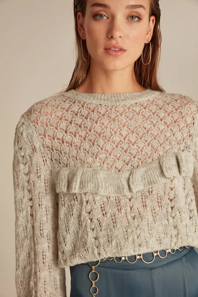 Женский серый джемпер с круглым вырезом и оборками Joinus Pointelle| |