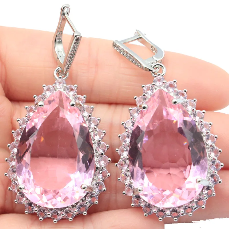 43x27 мм Потрясающие Длинные большие 27 г розовые серьги из кунцит с ярким цирконием