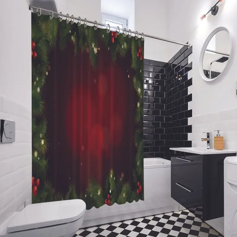 Занавеска для душа Рождественское украшение зеленый и красный венок сосновая