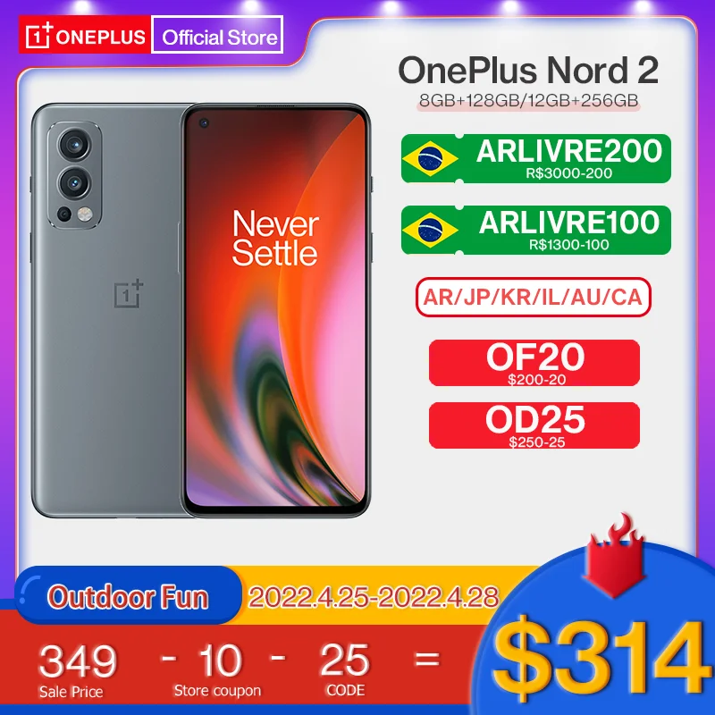  Смартфон OnePlus Nord 2, телефон со стандартным дизайном, память 8 ГБ, 128 ГБ, камера 50 МП с искусственным интеллектом, OIS MTk Dimensity 1200-AI Warp Charge 65