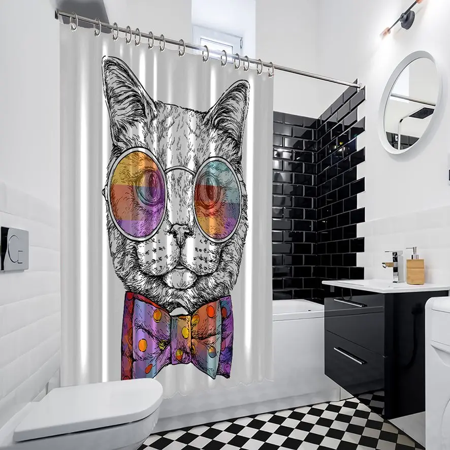 Занавеска для душа Умный кот в очках и галстуке-бабочке горошек модный значок