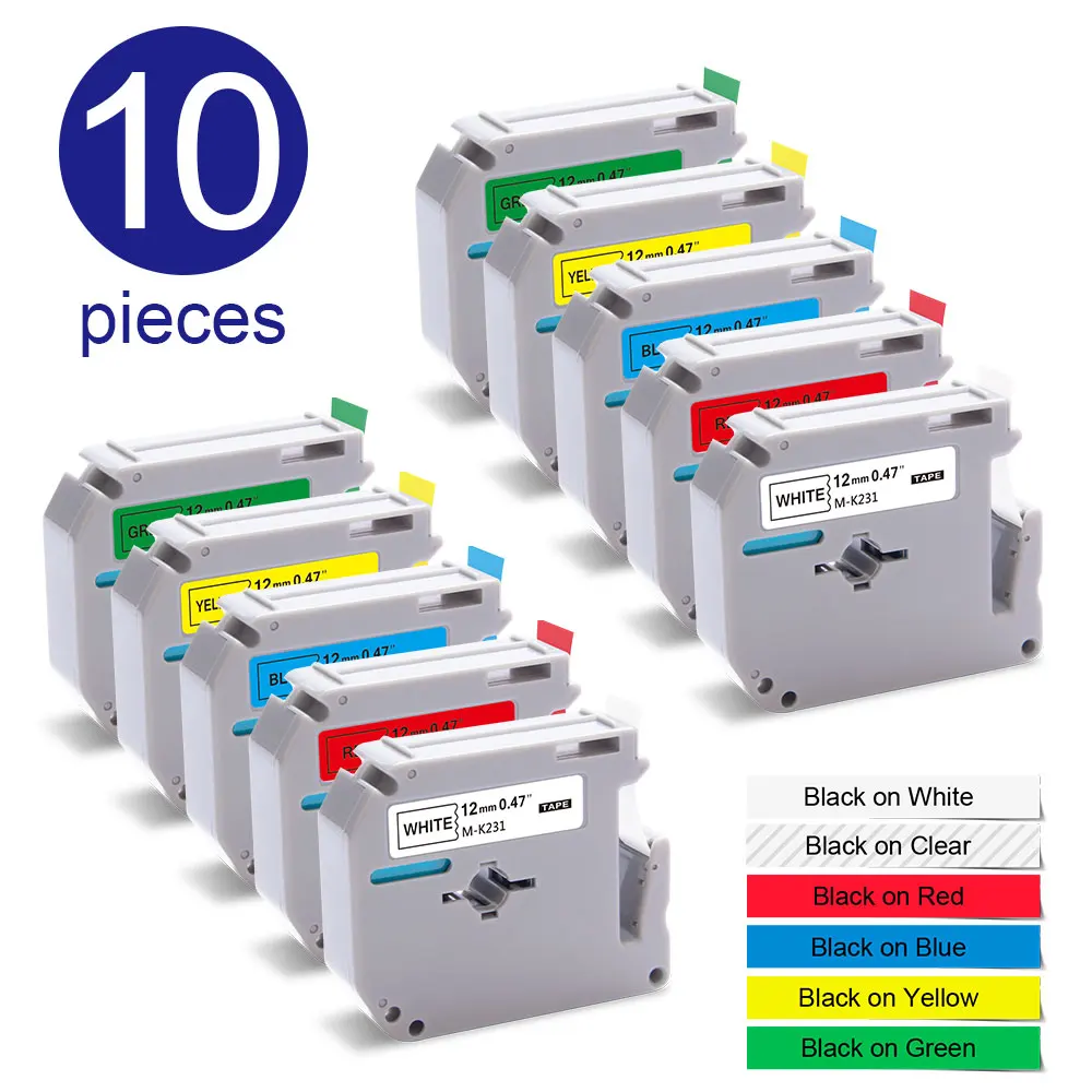 Cinta InkExpress 10PK para impresora de etiquetas Brother MK 231, mk-231, MK231, negra sobre blanca, 12mm, PT-80