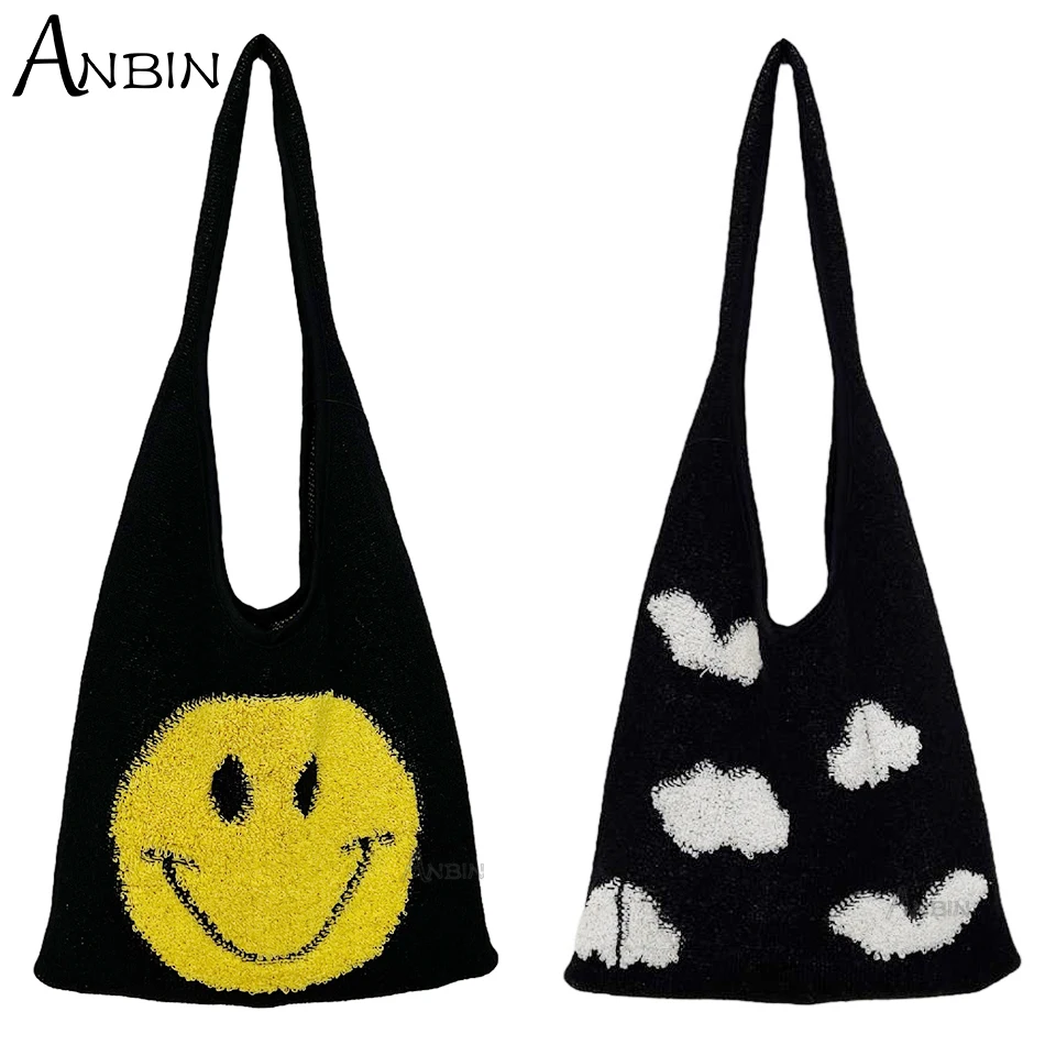 

Fashion Female Smile Print Crochet knitted Tote Handbag Soft Cotton Crossbody Bag for Women Large Capacity Work Travel Purses