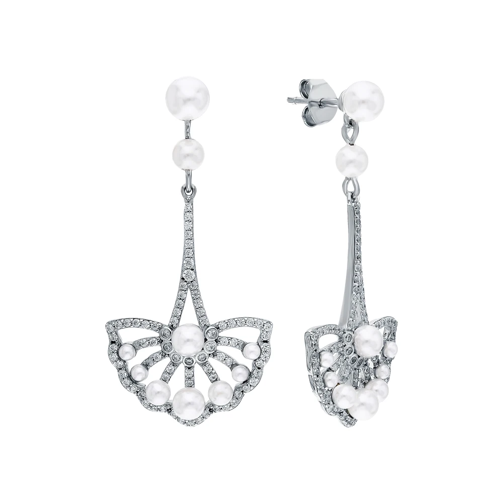 Серебряные серьги с фианитами и жемчугом SUNLIGHT проба 925 | Украшения аксессуары