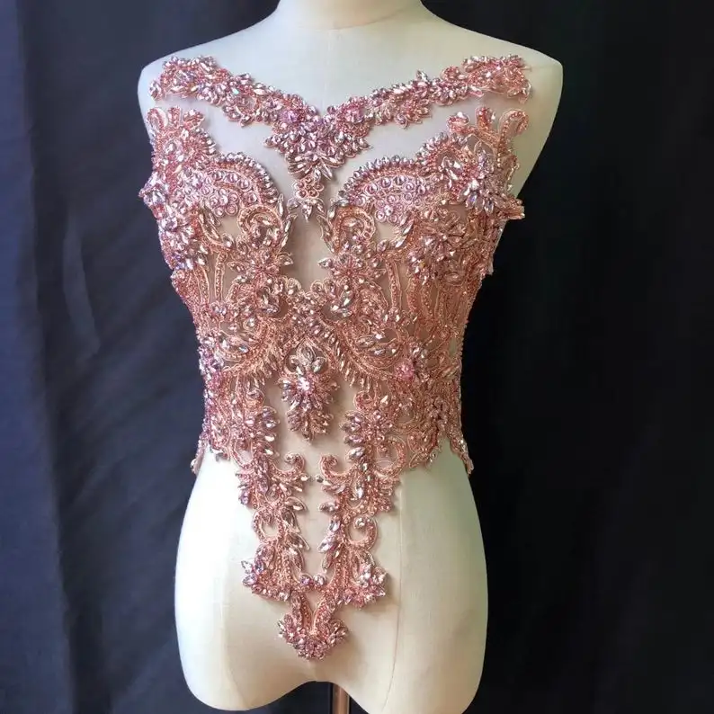 

Pink Rhinestone Bodice Applique Crystal Applique Crystal Bodice Applique For Wedding Dress
