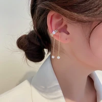 1pcs simple pearl long chain tassel clip earrings for women shiny zircon ear bone earring super fairy jewelry gifts