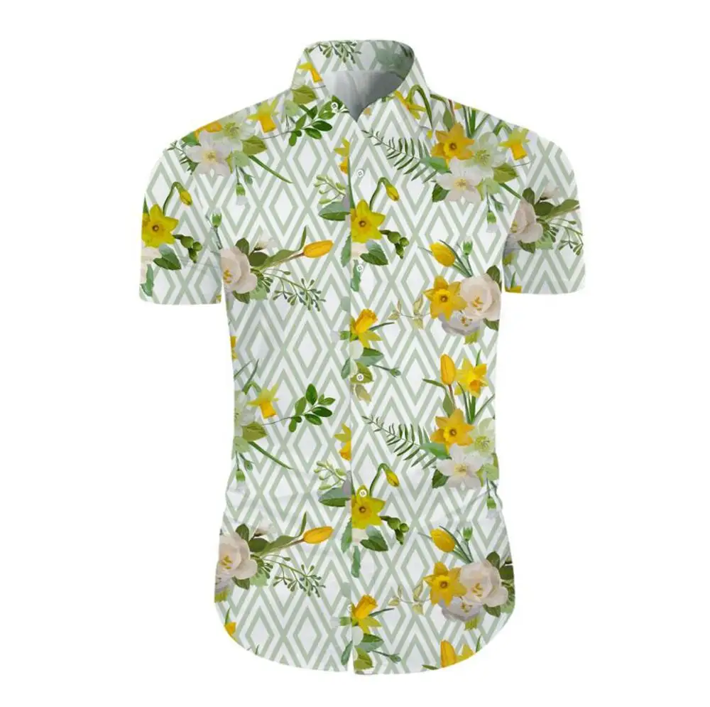

KISSQIQI 2020 Новая мужская Цветочная 3D печатная рубашка с коротким рукавом Повседневная на пуговицах пляжная гавайская рубашка