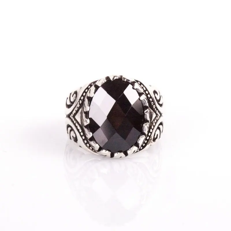 

925 Sterling Black Onyx Stone Anchor Pattern Silver Ring Fashion Turkish Premium Quality Handmade Jawelery