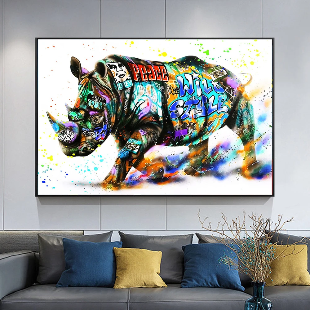 

Rhinoceros graffiti pictures canvas printed pop street art colors to life poster mural canva painting for home living room decor