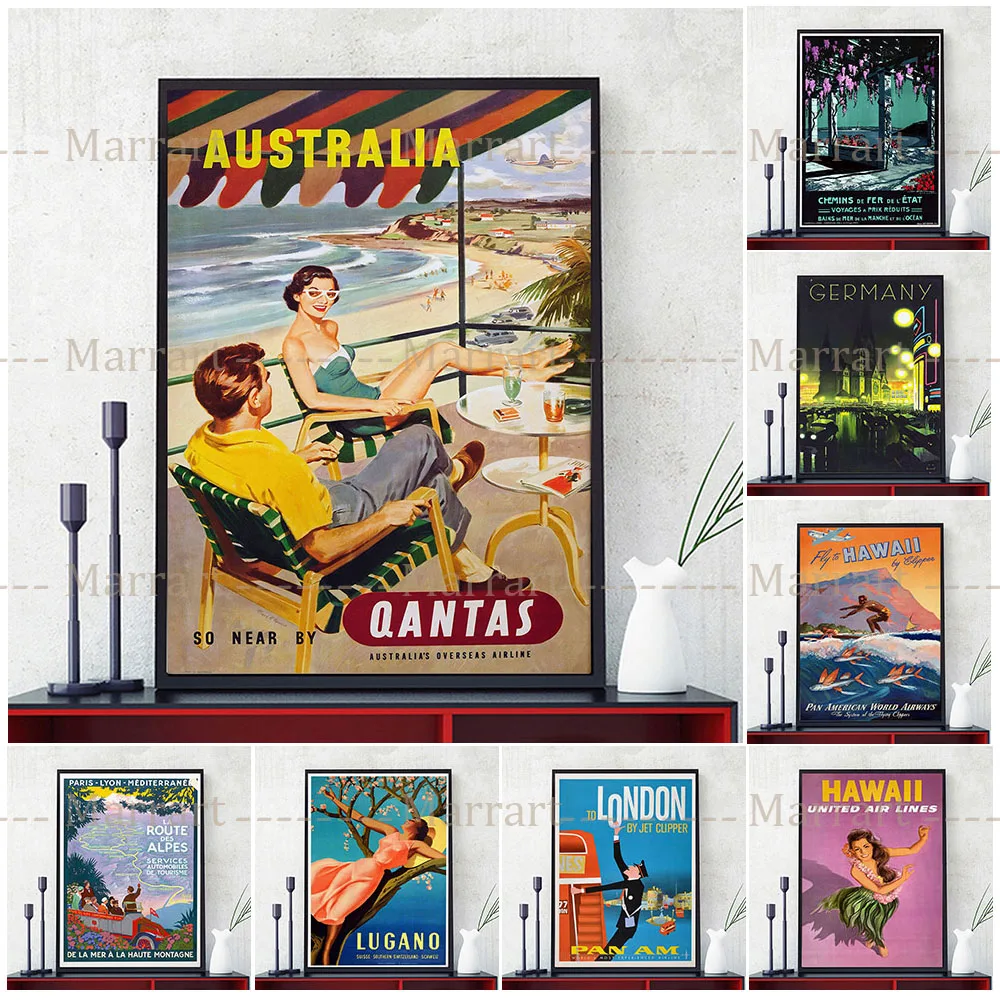 

Greece And Hawaii Vintage Travel Poster And Prints France,Australia,Switzerland Urban Scenery Wall Art Home Decor Canvas Prints