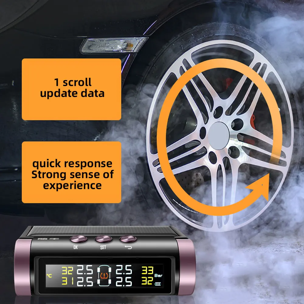 

N07WY Car TPMS Solar Charge Tire Pressure Monitoring System LCD 4pcs External Sensor Pressure Temperature Monitor Alarm