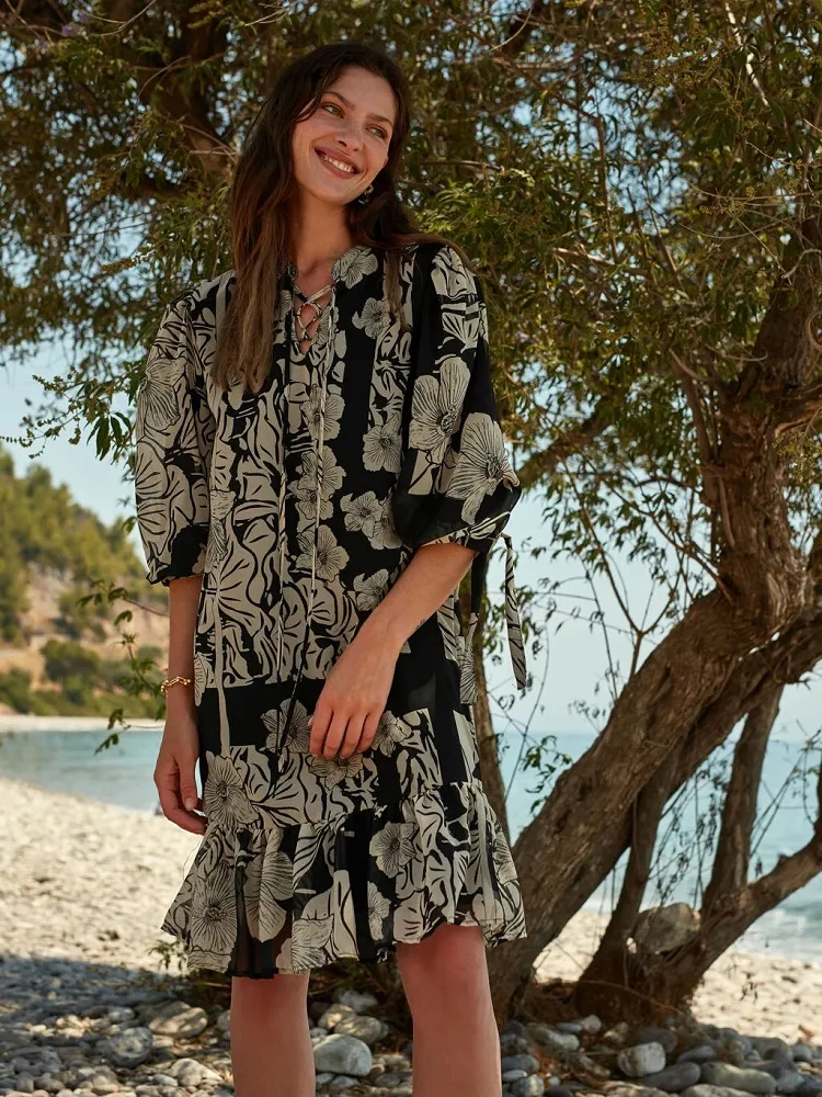 Women Black Floral Printed Dress With Ruffled Spring Summer Beach Holiday Casual Bohemian Style 2022 New Collection