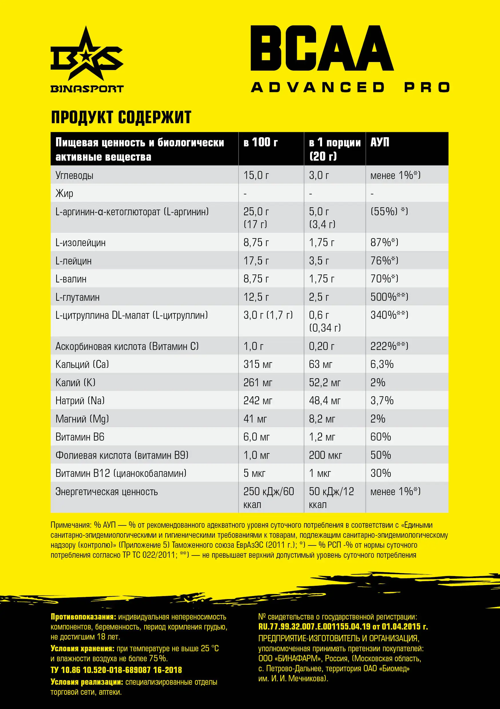 Аминокислоты БЦАА с ВИТАМИНАМИ и МИНЕРАЛАМИ Binasport &quotAdvanced PRO BCAA&quot порошок 200 г со