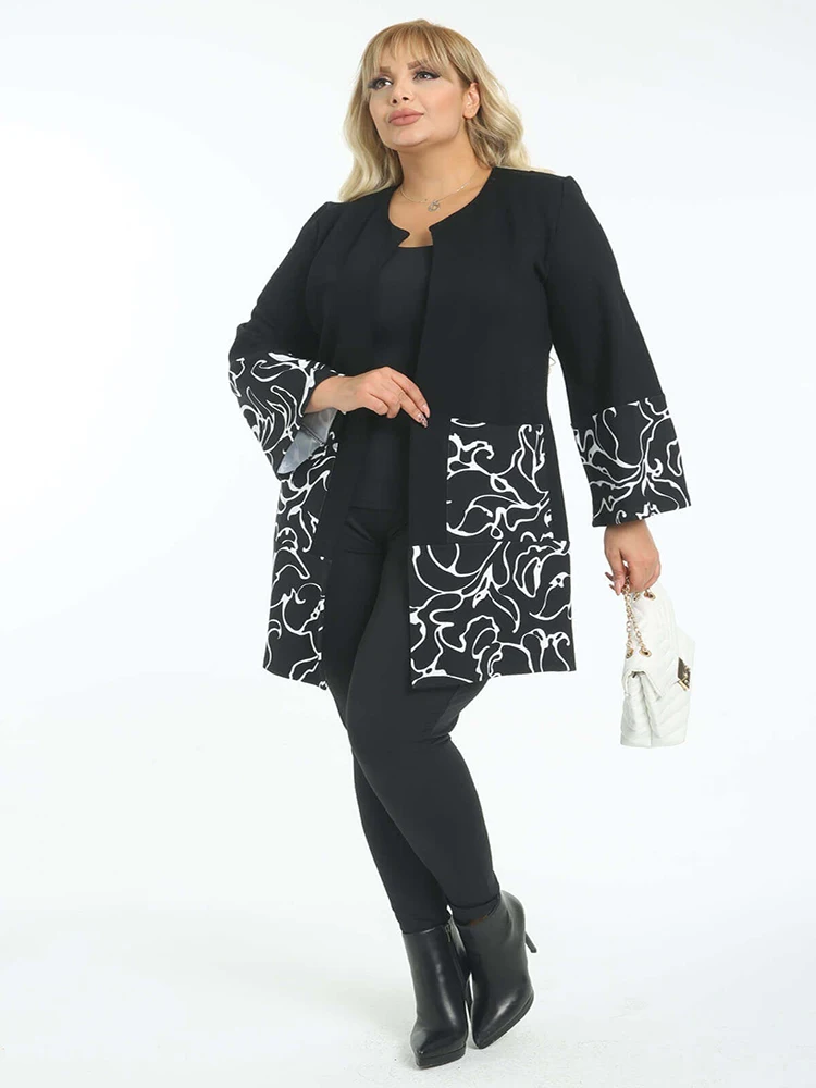 

Женская Черная куртка с геометрическим рисунком, отделанная тканью, 4xl, 5xl, 6xl, очень Шикарная стильная верхняя одежда