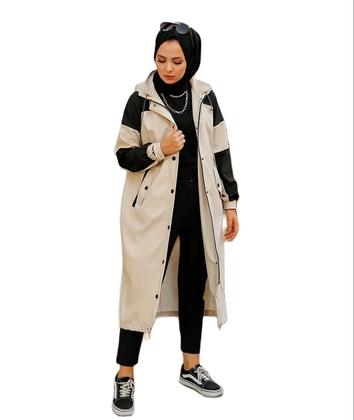 Autumn Trench Coat New Fashion Loose Large Size X-Long Women 'S Trench Coat Muslim Clothing Hooded Zipper Button Muslim Fashion