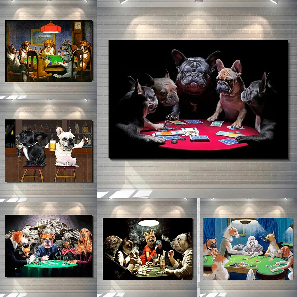 

Dog Playing Cards Posters And Prints Canvas Painting Modern Funny Animal Wall Art Pictures for Living Room Home Decor No Frame