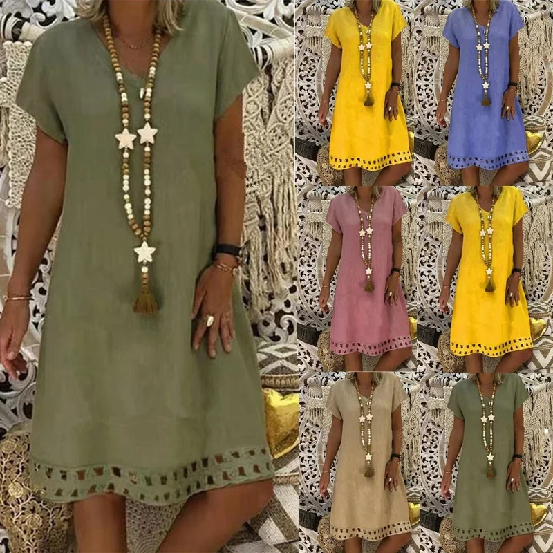 Женское хлопковое платье Бохо размера плюс повседневное льняное пляжное для