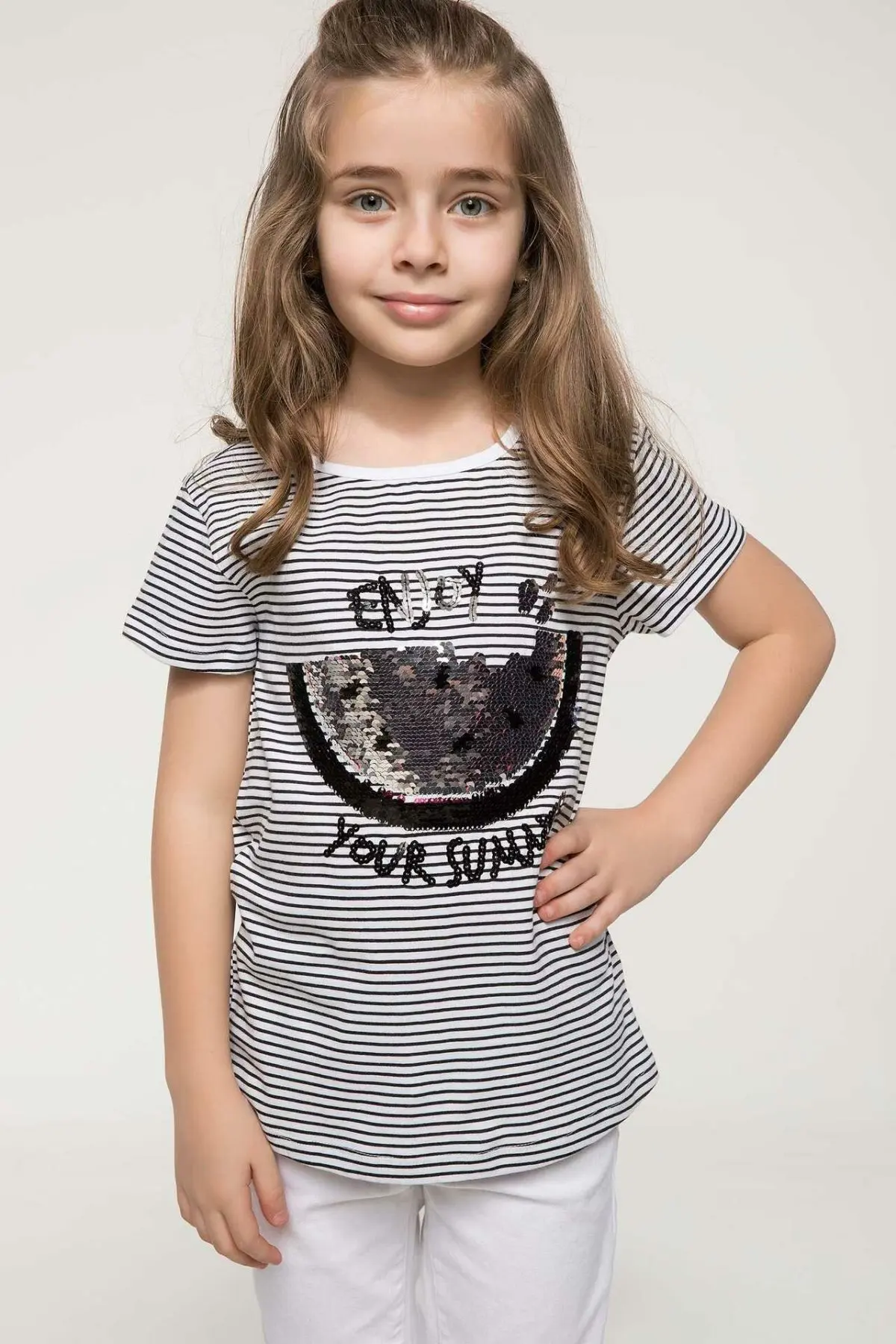 DeFacto Girl Summer Sequins Top Tees Girls Casual Striped T-Shirts Kids White Black Striped Short Sleeve Body Tees-J3925A618HS