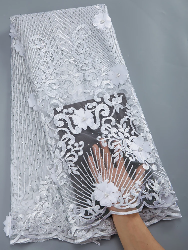 

Белые французские нигерийские кружевные ткани Zhenguiru 2022, высококачественные Африканские кружева с 3D бисером, ткань для свадебного платья, дл...