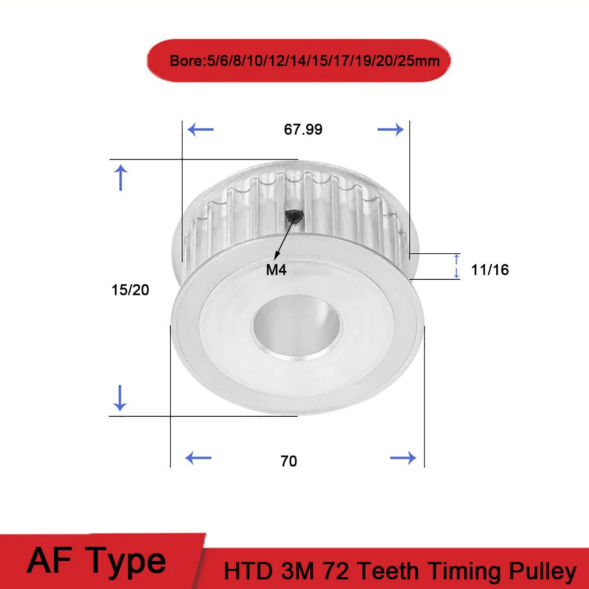 

HTD 3M 72 Teeth Timing Pulley Bore 5~25mm Gear Pulley 3mm Pitch Teeth Width 11mm 16mm Aluminum Synchronous Timing Belt Pulley