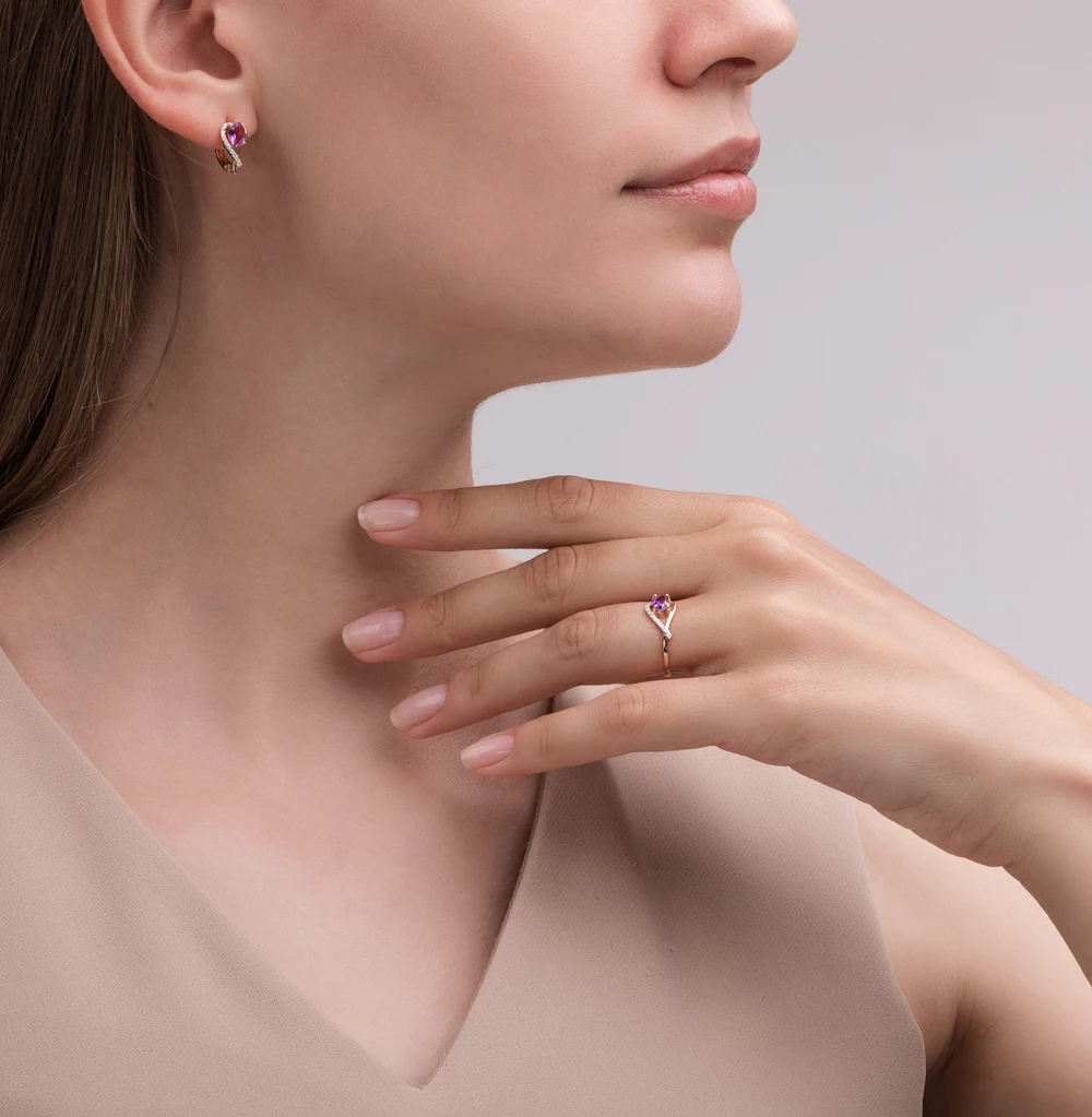 Золотые серьги с аметистом и фианитами SUNLIGHT проба 585|Серьги-клипсы| |