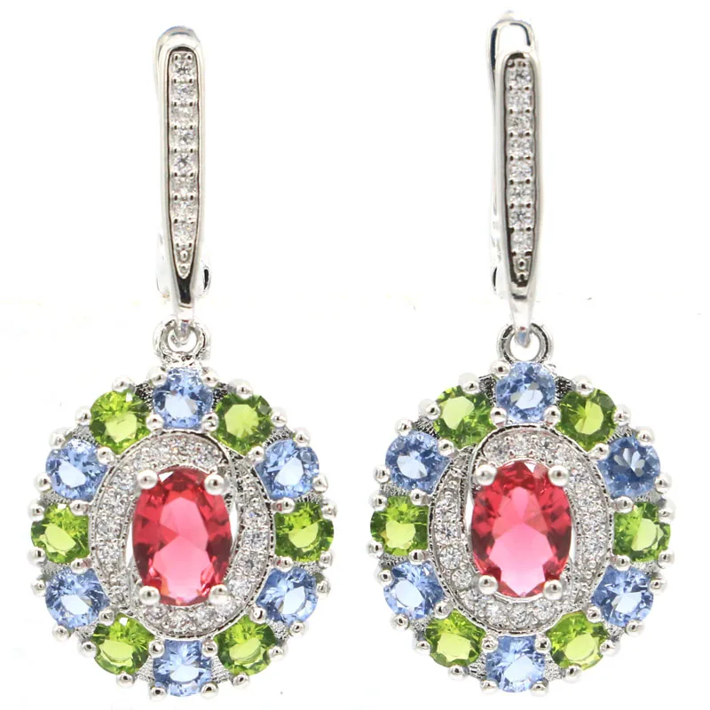 

34x16mm Multi Color 6.8g Created Rhodolite Garnet Green Peridot Violet Tanzanite CZ Silver Earrings