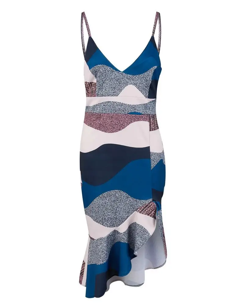 

2020 Women Fashion Elegant Irregular Slit Mini V Neck Sleeveless Dress Colorblock Print Spaghetti Strap Ruffles Dress