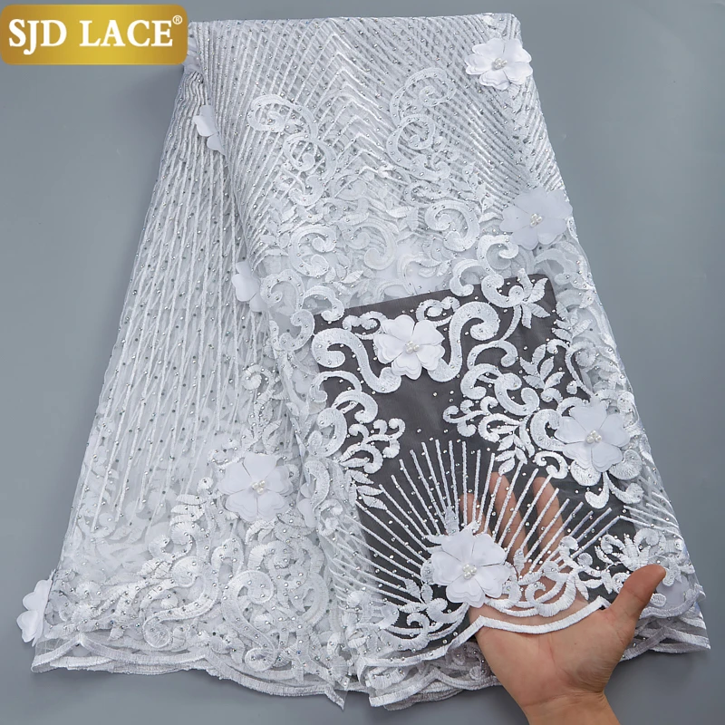 

SJD LACE Pure White Bridal Material With Stones African Net Lace Fabric 3D Flower French Mesh Lace Fabric Sew Beads Tulle A2849