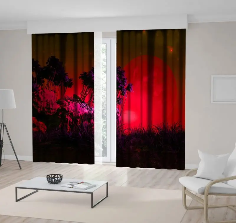 Занавеска Звездная Летняя ночь с супер луной деревья в травах дикая природа